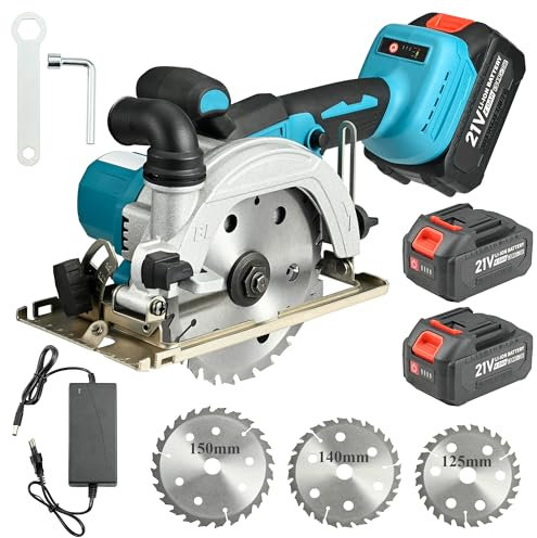 QIUMIN Sierra Circular Inalámbrica, Mini Sierra Circular sin Escobillas con 2x Baterías de 4000mAh, Profundidad de Corte 48mm, Corte en Bisel 0-45°, Incluye 3 Hojas (125mm/140mm/150mm)