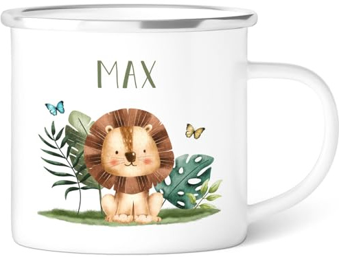 GRAVURZEILE Tazza smaltata per bambini – gruppo di animali Safari – Personalizzata con nome – diversi motivi animali a scelta – 300 ml – Bicchiere per bambini – Regalo per ragazzi e ragazze