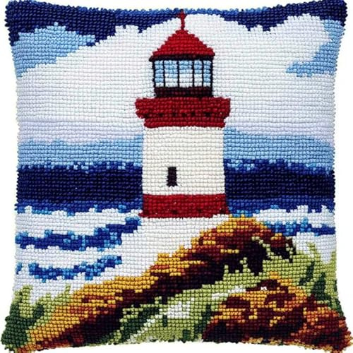 AxiangziK Kit di Ganci a Chiusura per Cuscino,Faro sul mare,Kit cuscino mezzopunto DIY di cuscino Principianti Adulti Regalo per adolesc,43x43cm