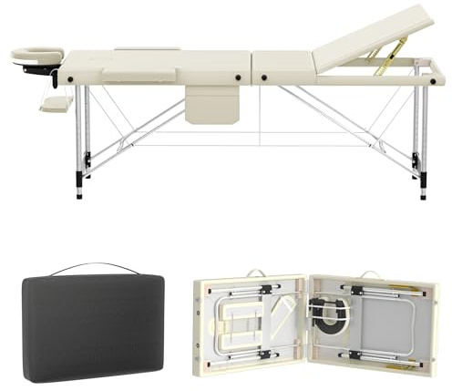 UISEBRT massagesäng av aluminium, hopfällbar och höjdjusterbar med 3 zoner, 230 kg lastkapacitet, 8,5 cm skumstoppning, inklusive bärväska, nackstöd och sidoarmstöd (beige)