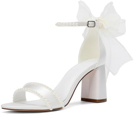 HAULSAIL Wedding Block Heel Sandals, Pearl-Trimmed White Satin, Bow Back Detail, Ankle Strap (Ivory white, Adult, Women, 8.5, Numeric, US Footwear Size System, Medium)