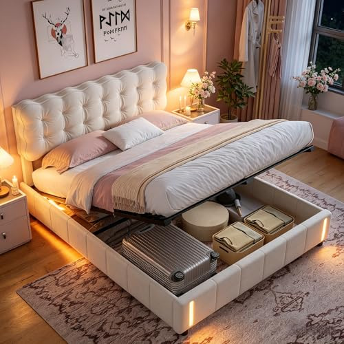 LIVLUX Letto imbottito 160x200 cm con Contenitore idraulico, letto matrimoniale con illuminazione a LED e presa USB, Letti Contenitore, Struttura letto con rete a doghe, Velluto