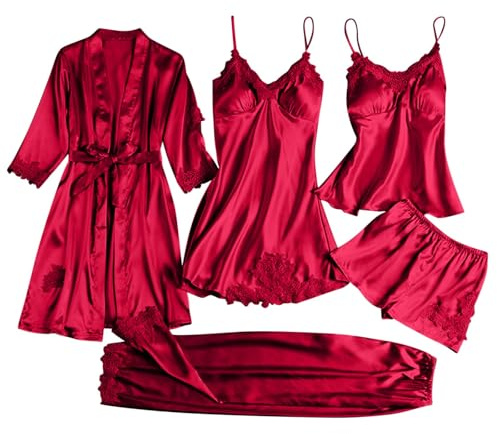 Mrat Women's 5 Pieces Pyjama Set Sexy Silk Satin Pjs Sets, Kimono Robe + Bathrobes + Nightdress + Shorts + Pants Ladies Elegant Sleepwear Homewear Loungewear Casual Loose Fit Pajamas Suit Uk S-4XL