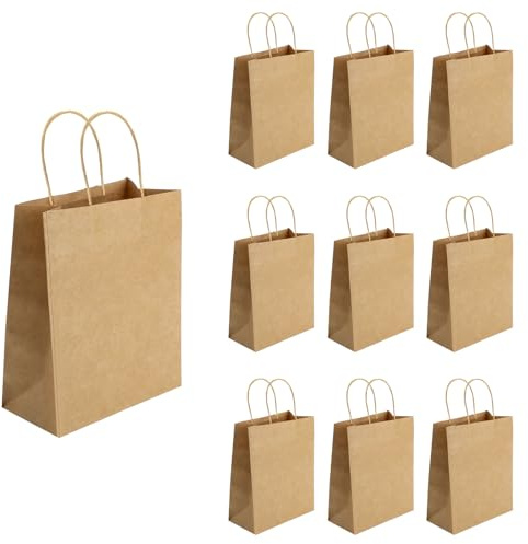 Sacchetti Carta Kraft con Manici 10 Pezzi,21x11x27cm Borse Regalo Riutilizzabili in Carta Riciclabile Shopper di Carta Marrone per Negozi Feste Takeaway Regali Natale e Compleanni
