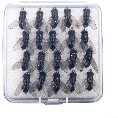 Juego de 20 señuelos de mosca de pesca con anzuelos artificiales, adecuados para múltiples tipos de peces, viene con caja de plástico (mediano)