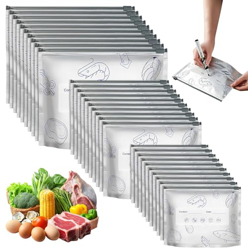 JDCMEI 30 Piezas Bolsas Congelacion, Bolsas de Almacenamiento de Alimentos, Bolsas Zip de Papel de Aluminio, Bolsas para Congelar Alimentos Reutilizables para Bocadillos de Carne Frutas y Verduras
