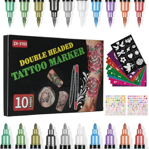 LOPHE Penna per Tatuaggi Temporanei, 10 Colori, 10 Fogli per Stencil per Tatuaggi con 2 Fogli Pietre, Dual-End Penne del Tatuaggio con Linee Grasse e Sottili, per Pittura Sulla Pelle