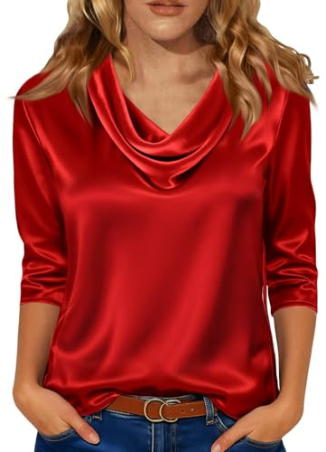 Blusas de satén para mujer, manga 3/4, de seda, cuello en V, camisas de vestir, estilo casual, holgadas, para negocios, trabajo, oficina, M