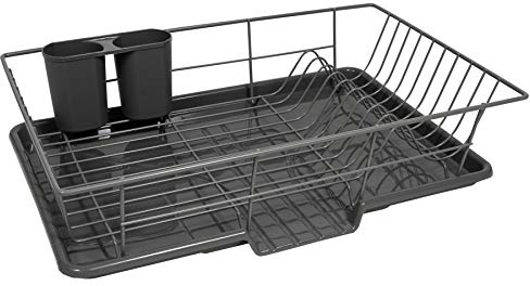 Sweet Home Collection 3 Piece Metal Dish Drainer Rack Set with Drying Board and Utensil Holder, 12 x 19 x 5, Gray