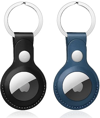 Nepfaivy Schlüsselanhänger Hülle für Airtag aus PU-Leder - 2er Pack Anhänger Kompatibel mit Apple Airtags, Tragbares Leder Case Zubehör für Air Tag Tracker(Schwarz + Blau)