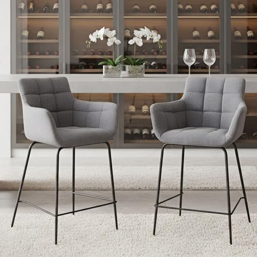 chairus Lot de 2 Tabourets de Bar avec Accoudoirs Modernes Chaise Fauteuil Haute en Tissu Tabourets de Comptoir pour Cuisine avec Repose-Pieds (Gris-2)