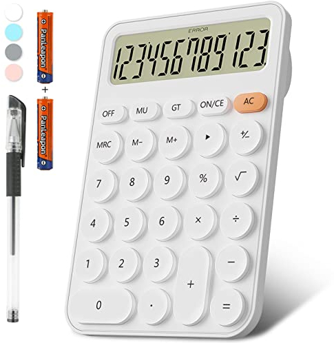 Taschenrechner Schule, Tischgröße 16 x 11 cm, DECKLIT 12-stelliger Batterie Tischrechner Groß Tasten Leicht zu Drücken LCD-Display, 15° Neigbarer Bildschirm für Taschenrechner Kinder (Weiß)