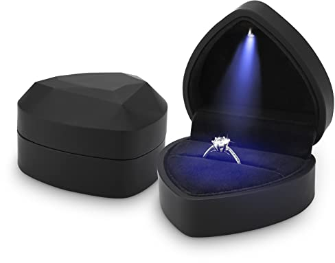 Hileyu Ring Box With Led Light Jewellery Gift Box Engagement Creative Diamond Heart Shaped Ring Box Wedding Ring Case For Proposal Engagement Wedding (Black)
