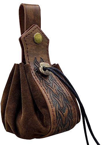 Sacoche médiévale en Faux Cuir, Sacoche à Cordon Viking, Porte-Monnaie Vintage Renaissance, Sac à dés pour GNL Halloween Ren Faire (Marron-2)