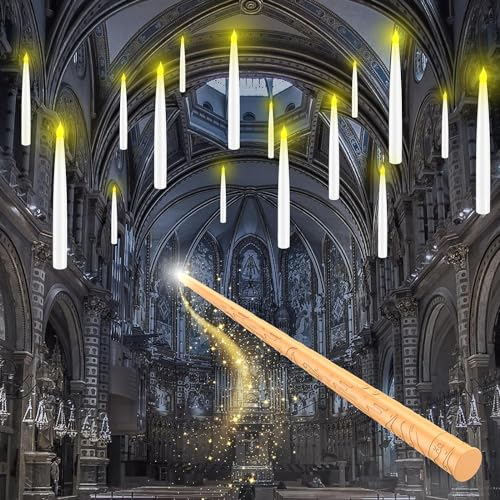 MEDE Flameless Floating Candles with Magic Wand Remote, 12Pcs Flickering Warm Light LED Taper Candles Battery Operated for Halloween Christmas Wedding Birthday Party Decorations