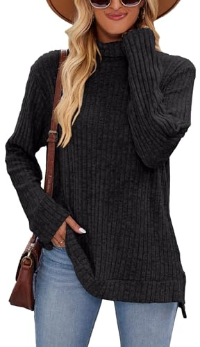 Famulily – Pull à col roulé pour femme, chandails oversized pour l'automne et l'hiver à manches longues avec fentes latérales, Noir , XL