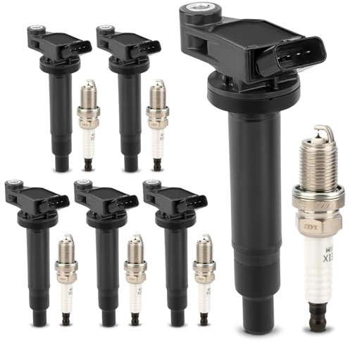 UF267 Ignition Coil Pack & 4504 Double Iridium Spark Plug For 2000-2008 TOYOTA Avalon Camry Highlander Sienna Solara / 1999-2008 Lexus RX300 RX330 ES300 ES330 RX400h V6 3.0L 3.3L Set of 6
