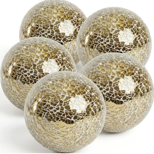 HAKACC 5PCS Decorative Balls for Bowls, 3 inch Gold Orbs Glass Balls for Centerpiece Bowls Mosaic Sphere for Home Decoration Dining Table