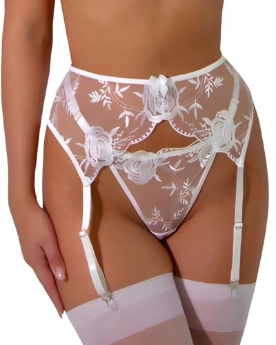 NewBull Set di reggicalze da donna con perizoma e reggicalze larghi, biancheria intima sexy in pizzo con 4 supporti regolabili, reggicalze per donne + perizoma, bianco, Taglia unica