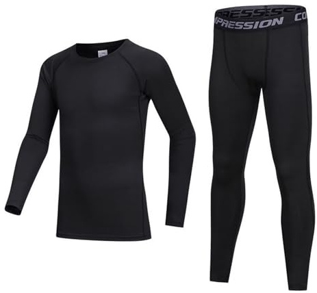 Guoegh Thermounterwäsche Set für Kinder Jungen Skiunterwäsche Fussball Ski Funktionsunterwäsche Warme Sport Thermo Unterwäsche(Schwarz,120-125 cm)