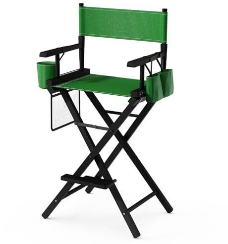 Bonnlo Make Up Chair Professional for Makeup Artist 78cm Hight, Foldable | Directors Chairs Folding, with Portable Storage Side Bags & Footrest, Solid Hardwood & Polyester, Green