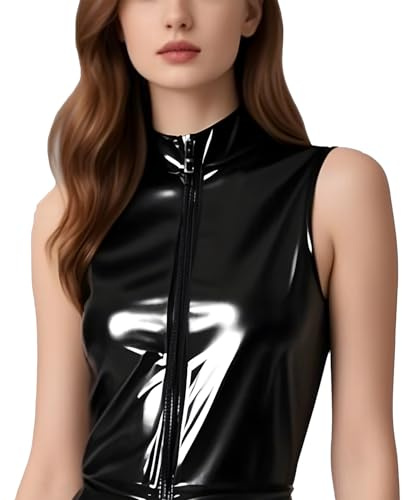 IOKUKI T-Shirt in Lattice per Donne,Gilet Senza Maniche in Lattice Nero con Cerniera Anteriore,Ideali per Abiti da Gummi Party-XXL
