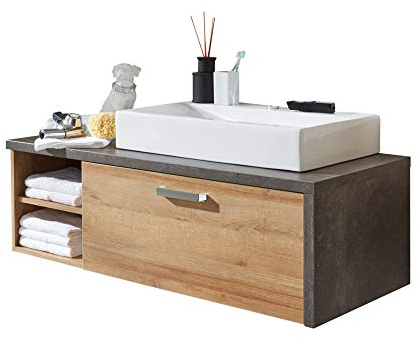 trendteam smart living - Bay - Waschbeckenunterschrank - Eiche Riviera/Beton dunkel - Badschrank hängend mit Mineralguss-Aufsatzwaschbecken - (BxHxT) 123 x 54 x 53 cm