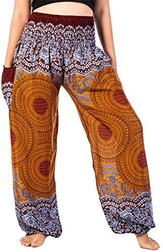 Lofbaz Harem Pants for Women Hippie Boho Festival Clothing - Bohemian Trousers for Yoga Beach Summer - Smocked Waist with Pockets - Rose 1 Brown L