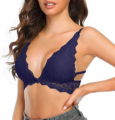 SHEKINI spets BH för kvinnor utan bygel, avtagbara kuddar, triangel-bh, andas och bekväm, Bralette spets, Mörkblå, 6072, S