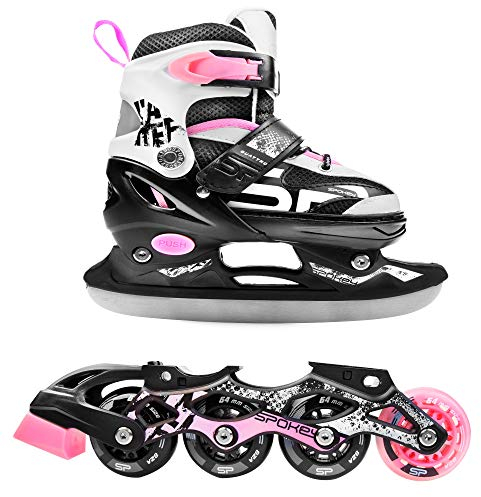 Spokey Quattro 4-in-1 Inline Skates für Kinder und Jugendliche bis max. Körpergewicht 60 kg, größenverstellbar, 2 x 2 Schienen, Kugellager ABEC-7 Carbon, PU Rolle 82 A, Ø-Rolle größenabhängig