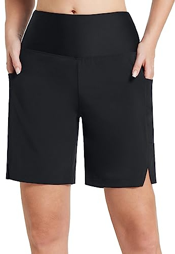 baleaf Badeshorts Damen Lang Knielang Schnelltrocknend Badehose UV Schutz UPF 50+ Schwimmhose Hohe Taille Boardshorts mit Innenslip und Taschen Schwarz 3XL