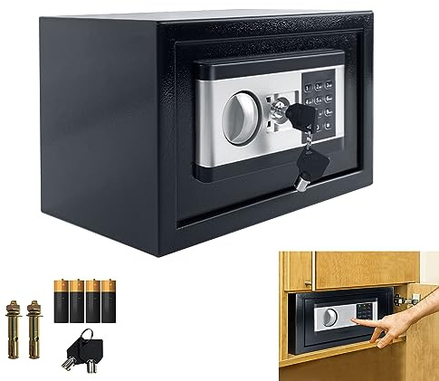 YRHome Mini coffre-fort pour la maison - 12 l - Petit coffre-fort pour meubles - En acier - Avec mot de passe numérique - 2 clés de sécurité et boîte à piles - Fonctions d'alarme et éclairage