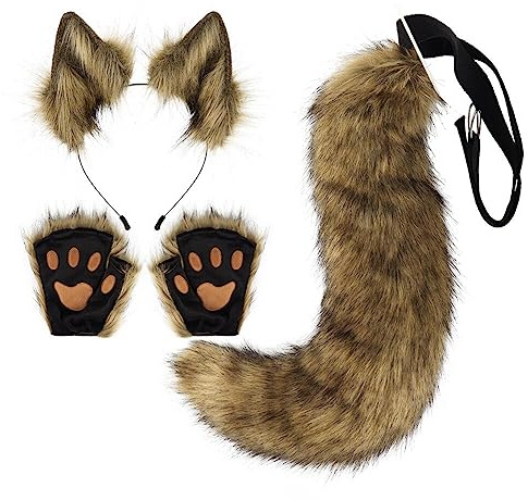 BYNYXI 3er Set Fuchsohren Stirnband Fuchspelzschwanz Cosplay, Flauschiger Schwanz Ohren und Pfoten Handschuhe Set Halloween Party Faschingskostüm Damen Kinder Halloween Wolf Fuchs Schwanz Clip Ohren