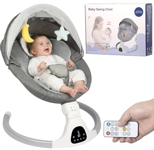 Elektrische Babywippe für Säuglinge bis 9 kg, klappbar, mit Fernbedienung & Bluetooth, Timer-Funktion, 5 Schaukelgeschwindigkeiten, 3 Sitzpositionen (Grau)