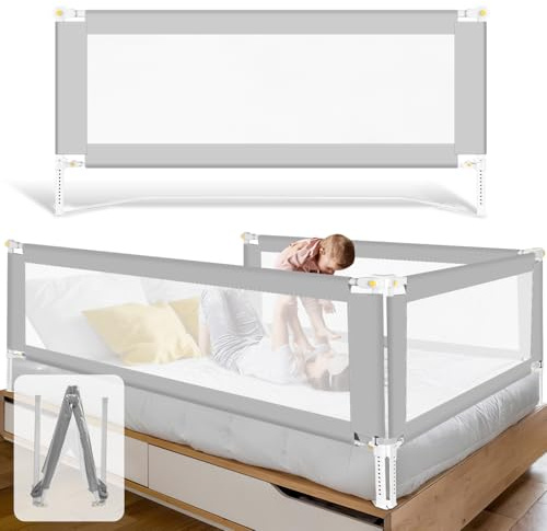 Fiqops Sänggaller, fallskydd, 200 cm, vikbart med U-formad bas, sängskydd, barnsängsgaller, justerbar höjd 68–95 cm, för barn och föräldrar. Grå