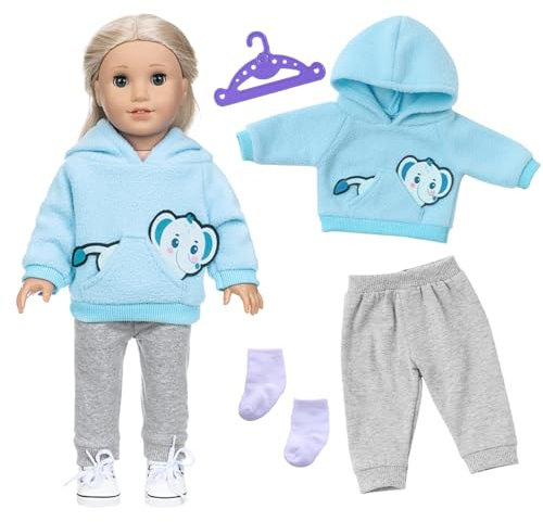 4 Teilig Puppenkleidung für 36-43cm Baby Puppen, Nettes Puppengewand und Puppenzubehör mit Süßem Tiermuster, Hoodies, Hosen, Kleiderbügel, Socken für Puppen 43cm Jungen Mädchen Geschenk (Blau)