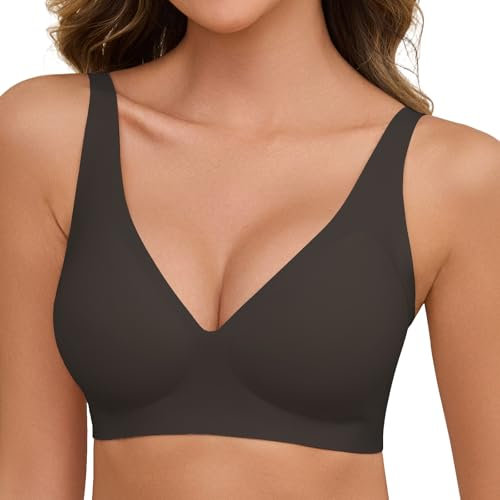 Vijamiy Damen BH Ohne Bügel V-Ausschnitt Push Up Seamless Gepolstert Bra für Weichen Halt Soft Komfort mit BH-Verlängerung(Schwarzbraun,XL)