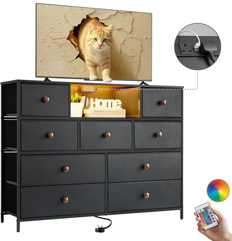 LYNCOHOME Chest of Drawers with Led Lights,Dresser TV Stand with Charging Station,9 Drawers Fabric Storage Drawers,Large Storage Cabinet for Living Room,Bedroom,Hallway