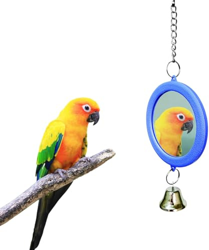 Specchio per uccelli con campana, gioco interattivo per parrocchetti, canarini, pappagallini, accessori per gabbia (blu)