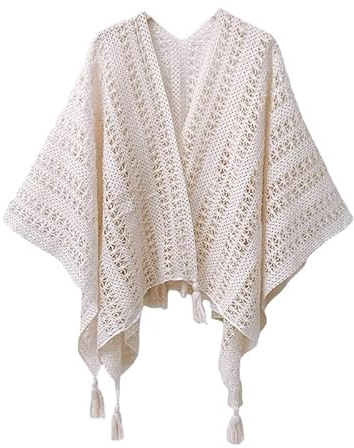 AQCQDQ Poncho doux et simple pour femme - Cardigans rétro - Pull - Printemps été - Automne - Tricoté décoratif - Écharpe pour femme - Poncho bohème - Cardigan, Blanc., taille unique