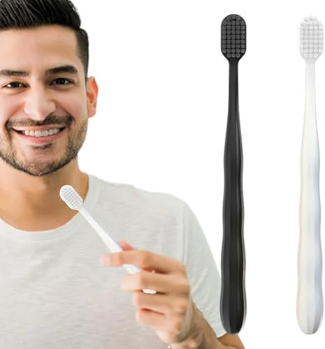 Confezione da 2 spazzolini manuali per la pulizia dei denti a testa larga, per la cura gengivale, per adulti, per la casa, portatile, per coppie, colore nero e bianco
