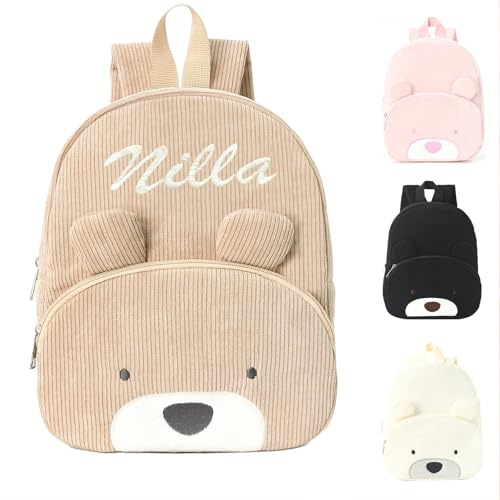 Sac a Dos Enfant Personnalisé Prenom, Bebe Cartable Maternelle Fille & Garcon, Velours Côtelé Ours Sac Personnalisable Enfant Ecole Crèche Primaire, Petit sac à école avancée pour Enfant (Khaki)
