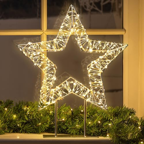 CHRISTOW Light Up Christmas Star Decoration, 600 Warm White Micro LEDs, Mains Powered with Timer, Silver Metal Frame & Stand, Indoor Display, Mantelpiece Windowsill Shelf Table, 37cm x 30cm x 8cm