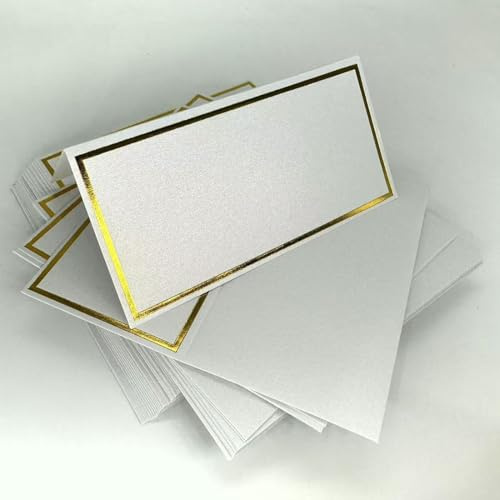50Pcs Premium Place Cards Small White Table Cards with Glitter Powder and Gold Foil Border Tent Seating Name Cards Wedding Place Cards for Table Setting Dinner Parties