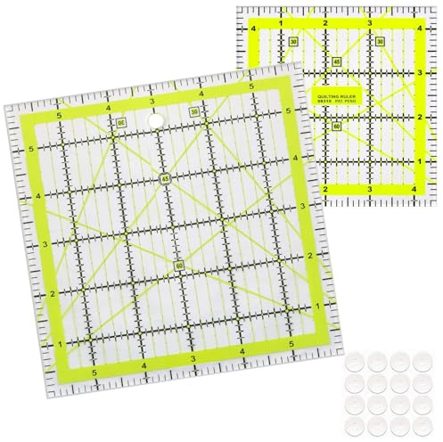 Reglas de acolchado (4.5 x 4.5 pulgadas, 6 x 6 pulgadas), 2 plantillas con anillos antideslizantes, regla de corte de tela, reglas cuadradas acrílicas para una fácil precisión y costura de