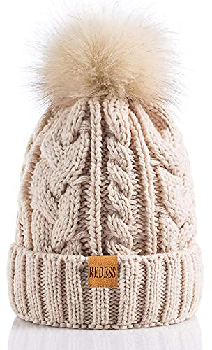 REDESS Berretto Invernale da Donna con Pompon con Fodera in Caldo Pile, Berretto da Sci con Teschio Lavorato a Maglia di Neve Spesso e Morbido