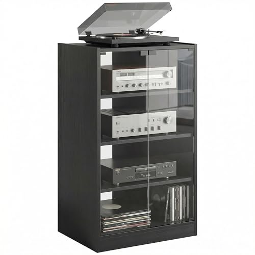 HOMCOM Media Cabinet, 4-Tier Stereo Cabinet for Vinyl Record Player, Gaming Console, AV Record Player Stand with Adjustable Shelves, Push-to-Open Glass Doors and Cable Management, Distressed Black