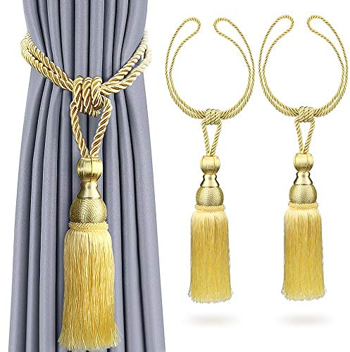 Rayong 2Pcs Premium Tassel Curtains Tie Backs Curtain Tiebacks Tassel, Antique Tassels Holdbacks Living Tassel Ball Rope for Home Decor (Gold)