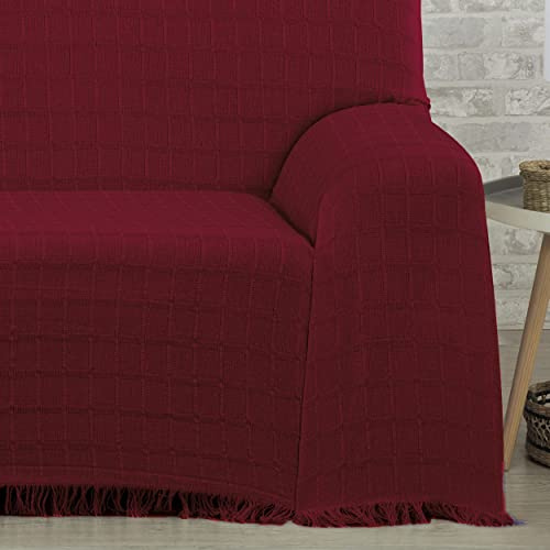DALINA Colcha Multiusos Sofa,Manta Foulard,Plaid para Cama,Cubresofa Cubrecama,Comoda Practica y Suave. Poliester Algodón con Bordaje de Guadro Granate 180X260CM
