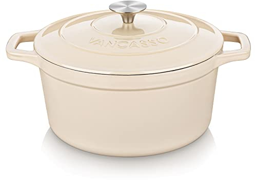 vancasso Gusseisen Bräter, Gusseisen Topf mit Deckel, 5L Ø 26cm Emaillierte Beschichtung, Induktion Schmortopf, Kasserolle, Gussbräter für Alle Herdarten und Induktion Geeignet,Rund,Creme Weiß,5L